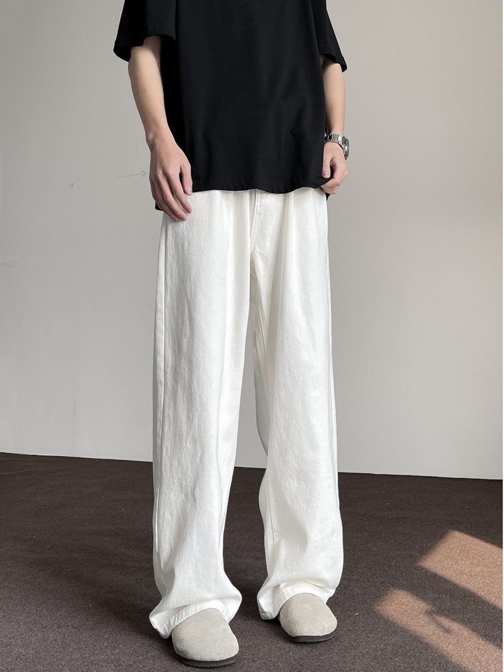 Mens Loose Fit Wide Leg Cotton Trousers