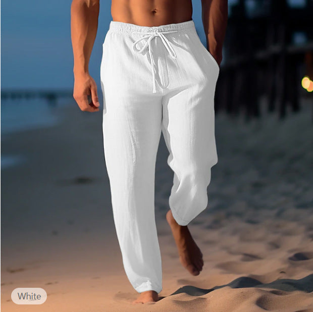 Mens Linen Drawstring Waist Casual Trousers