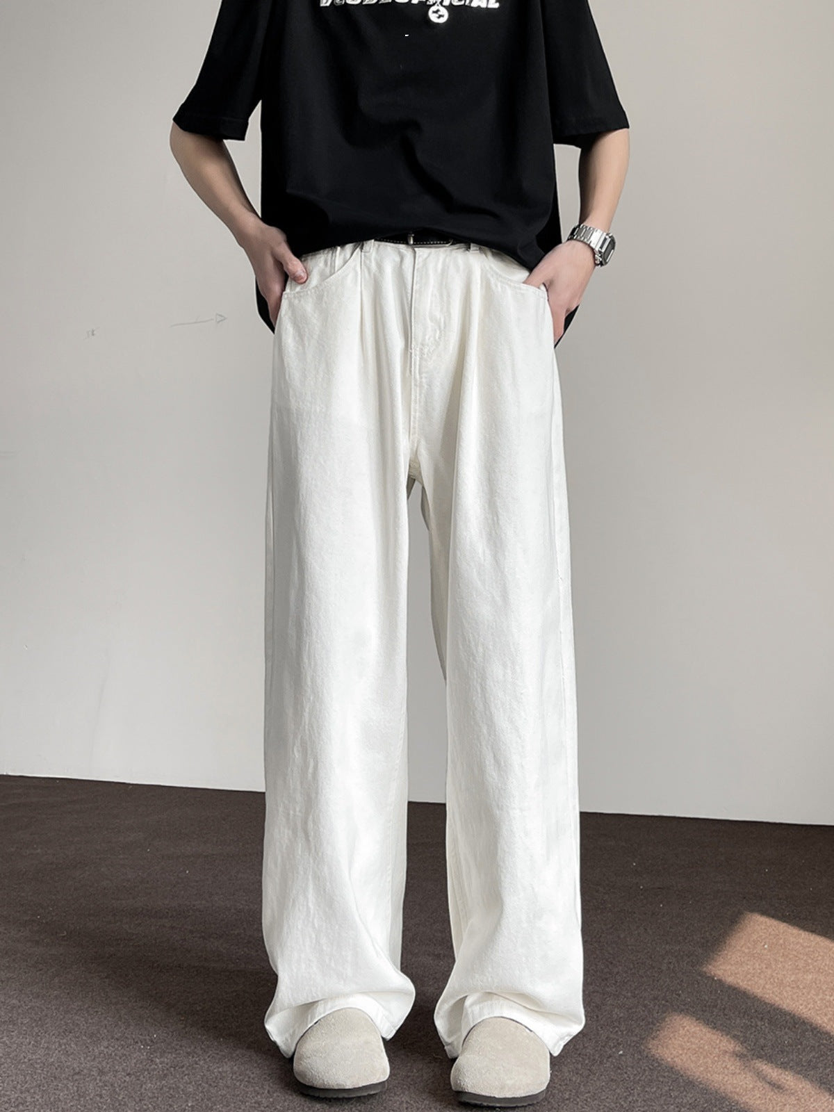 Mens Loose Fit Wide Leg Cotton Trousers