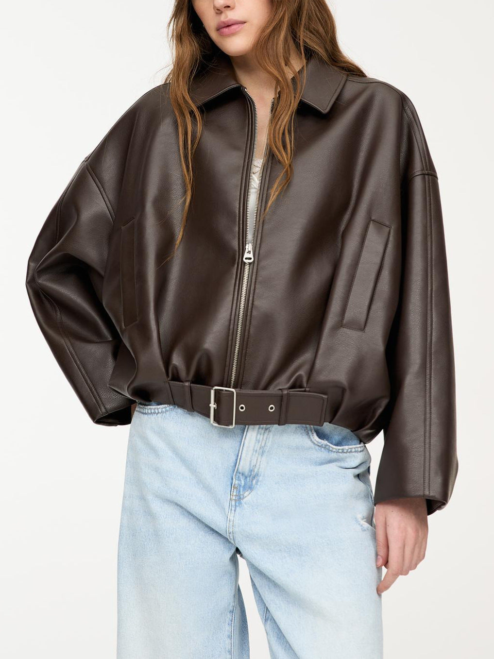 Womens Vintage Faux Leather Jacket with Belt