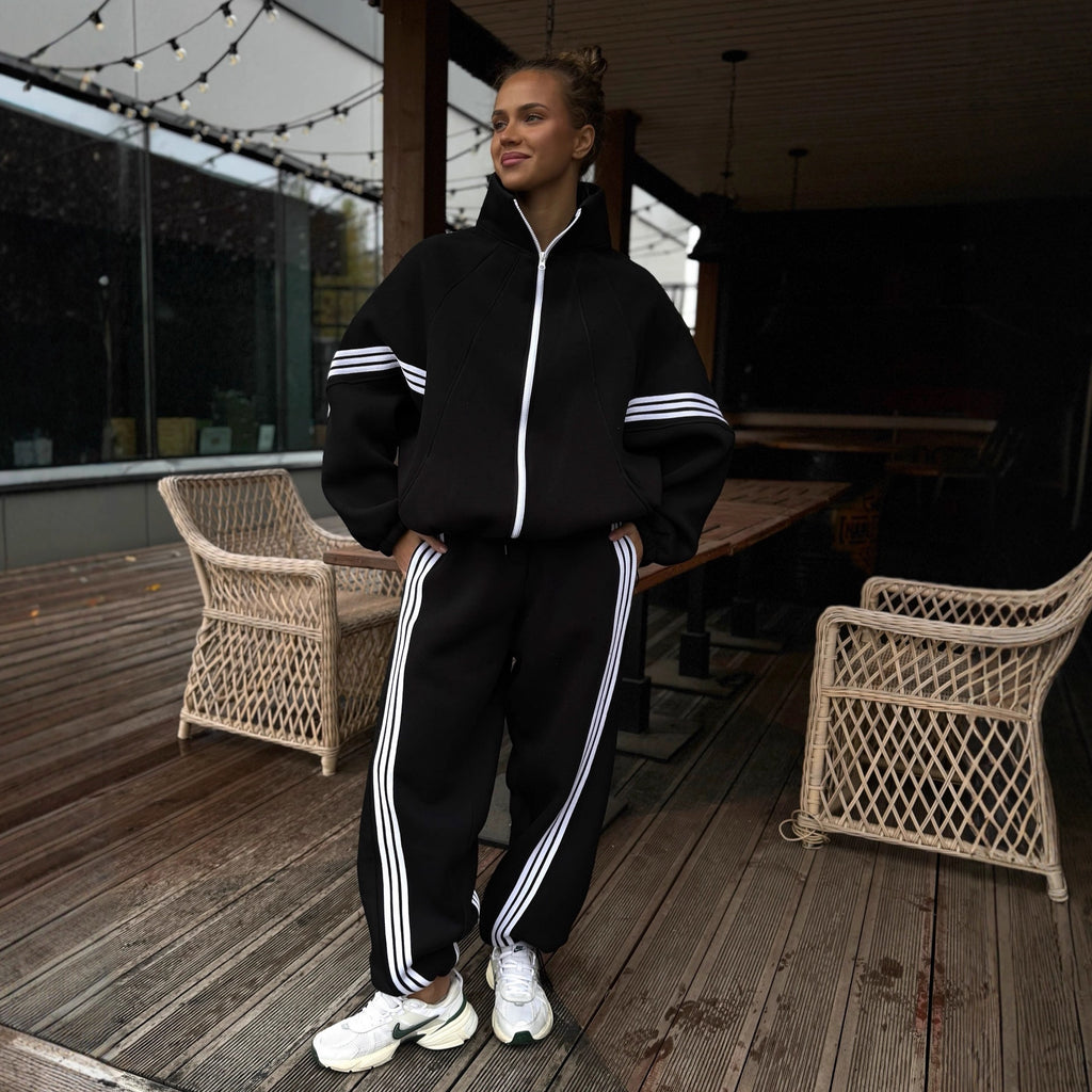 Stand-collar coat and elastic-waist trousers