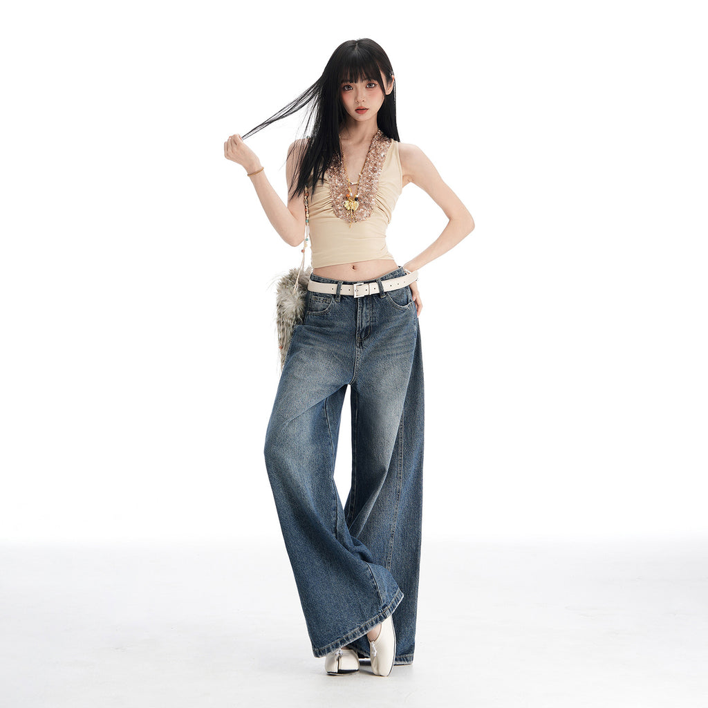 Womens High-Waisted Wide-Leg Denim Pants