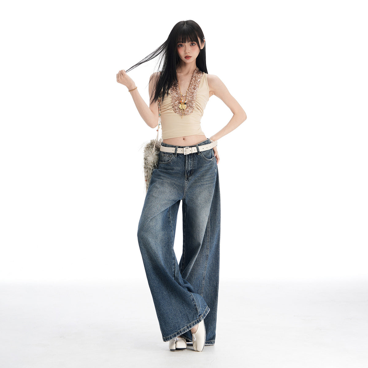 Womens High-Waisted Wide-Leg Denim Pants