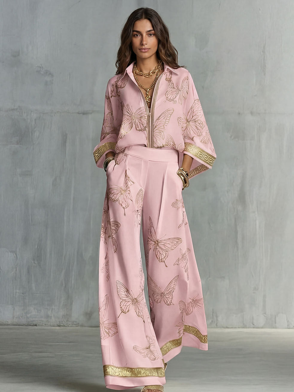 Womens Retro Print Deep V Neck Zipper Top Wide Leg Pants Two Piece Set