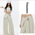 Womens High Waist Wide Leg Cotton Trousers