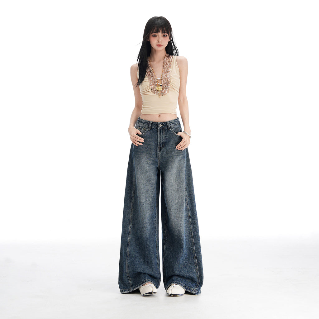 Womens High-Waisted Wide-Leg Denim Pants