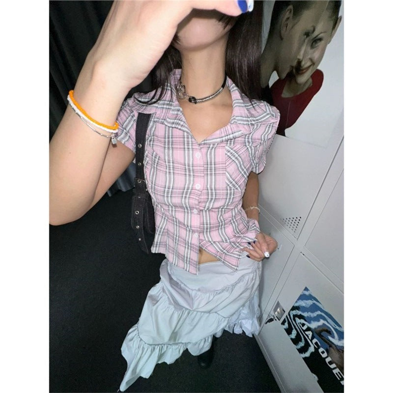 Retro Plaid Short Sleeve Shirt for Women Summer Polo Collar Slim Fit Y2K Top