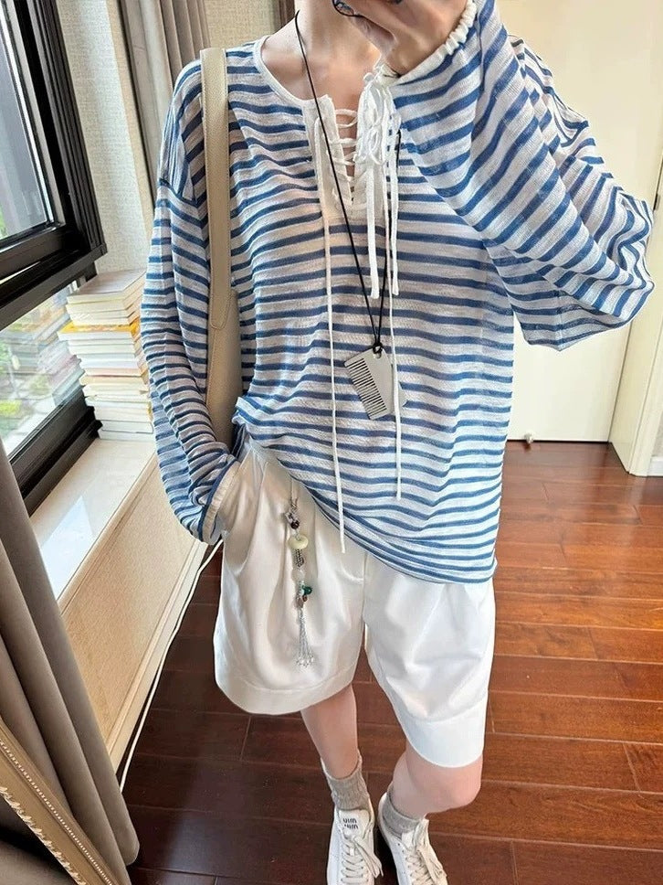 Womens Blue Striped V-Neck Knit Cardigan