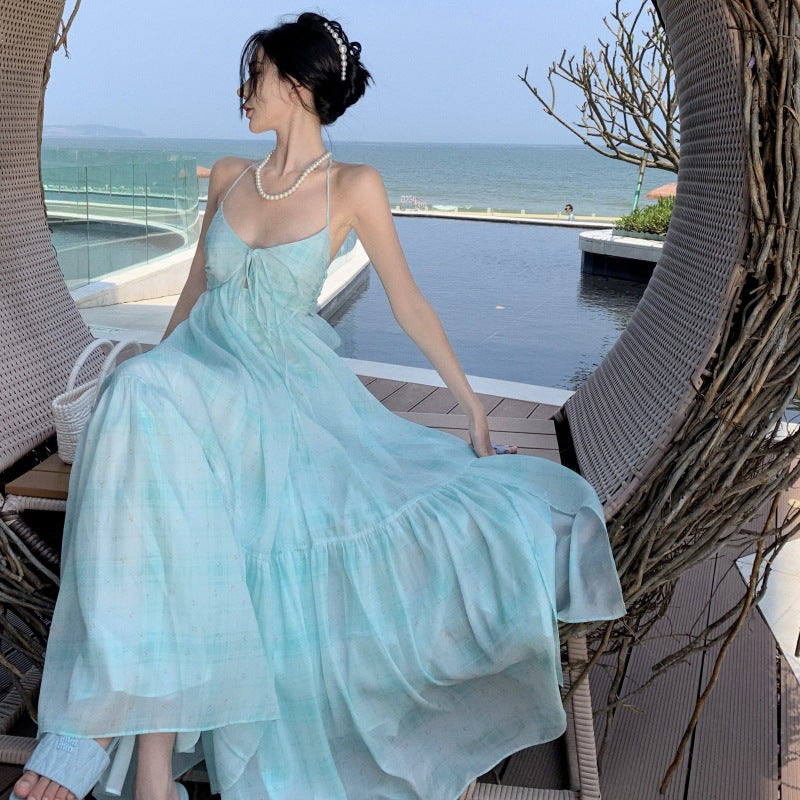Mint Green Plaid Halter Neck Long Dress