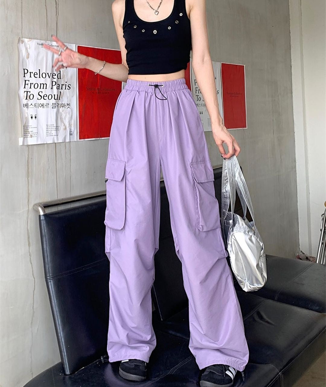 Mens High Waist Wide Leg Parachute Pants