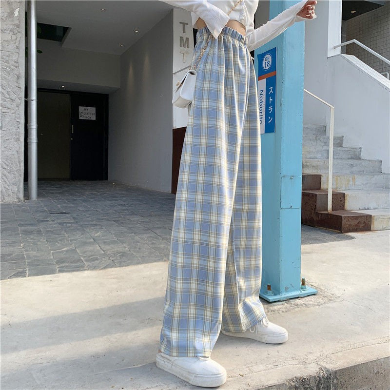 Plaid Wide-Leg Pants, High Waist Casual Summer Trousers