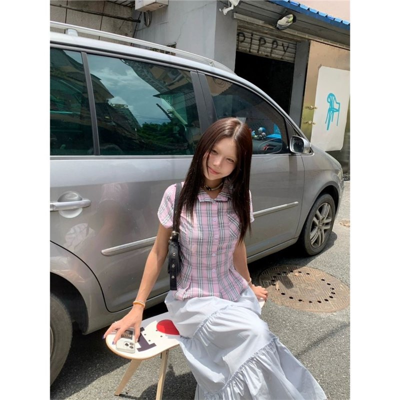 Retro Plaid Short Sleeve Shirt for Women Summer Polo Collar Slim Fit Y2K Top